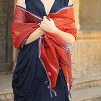 Cotton and silk shawl, 'Maheshwari Coral' - Hand Made Wrap Cotton Silk Blend Shawl