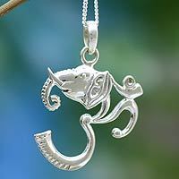 Sterling silver pendant necklace, 'Ganesha Meditation' - Sterling silver pendant necklace