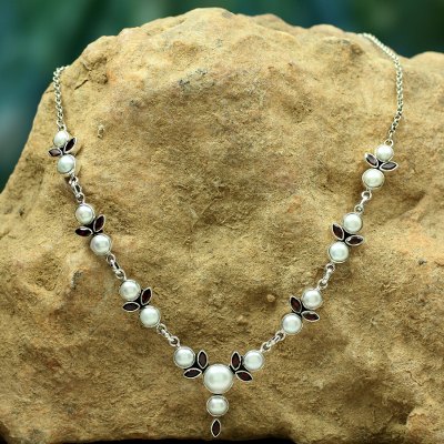 Pearl and garnet Y necklace, 'Princess of Mumbai' - Pearl and Garnet Necklace