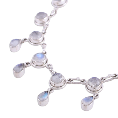 Rainbow moonstone waterfall necklace, 'Shimmer' - Rainbow Moonstone and Sterling Silver Necklace Indian Style