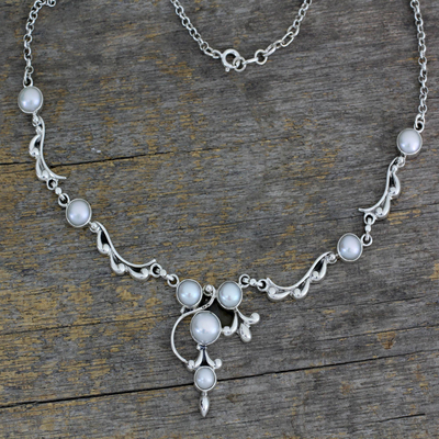 Pearl Y necklace, 'Cloud Song' - Pearl and Sterling Silver Necklace Bridal Jewelry