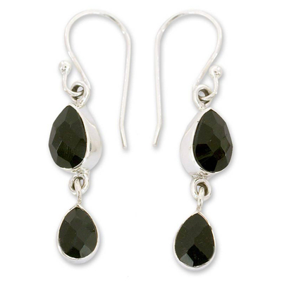 Onyx dangle earrings, 'Radha's Radiance' - Indian Sterling Silver and Onyx Earrings