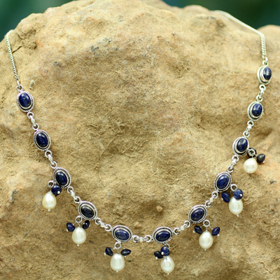 Lapis lazuli and cultured pearl pendant necklace, 'Sita's Splendor' - Fair Trade Pearl and Lapis Lazuli Necklace
