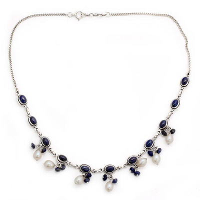 Collar colgante de lapislázuli y perlas cultivadas - Collar de perlas y lapislázuli de comercio justo