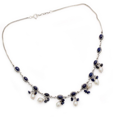 Lapis lazuli and cultured pearl pendant necklace, 'Sita's Splendor' - Fair Trade Pearl and Lapis Lazuli Necklace