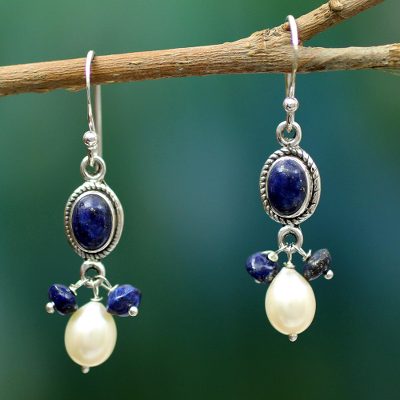 Lapis lazuli and cultured pearl dangle earrings, 'Sita's Splendor' - Handmade Lapis Lazuli and Pearl Earrings