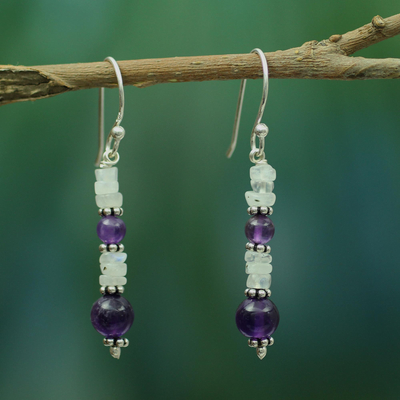 Amethyst and rainbow moonstone dangle earrings, 'Morning Clouds' - Amethyst and Rainbow Moonstone Dangle Earrings