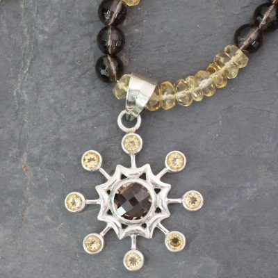 Citrine and smoky quartz pendant necklace, 'Jaipur Sun' - Citrine and smoky quartz pendant necklace