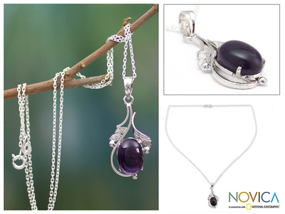 Amethyst pendant necklace, 'Indian Sugarplum' - Amethyst Necklace in Sterling Silver from India
