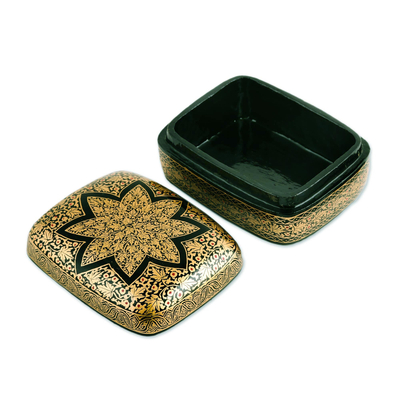 Paper mache box, 'Golden Wishes' - Floral Wood Papier Mache Decorative Box
