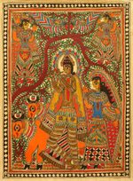 Madhubani painting, 'Krishna with His Cattle' - Madhubani painting