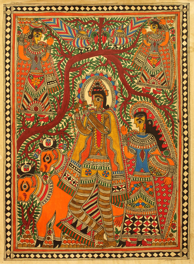 Madhubani painting, 'Krishna with His Cattle' - Madhubani painting