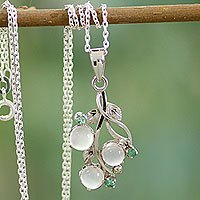 Moonstone and emerald pendant necklace, 'Moon Enchantment' - Moonstone and Emerald Necklace on Sterling Silver