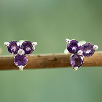 Amethyst button earrings, 'Charming Trio' - Fair Trade Amethyst and Silver Earring Buds