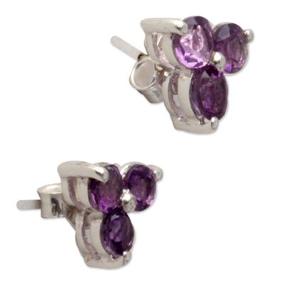 Amethyst button earrings, 'Charming Trio' - Amethyst Stud Earrings Artisan Crafted Jewelry