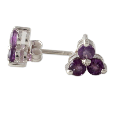 Amethyst button earrings, 'Charming Trio' - Amethyst Stud Earrings Artisan Crafted Jewelry