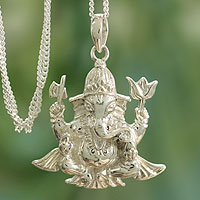 Sterling silver pendant necklace, 'Pious Ganesha'