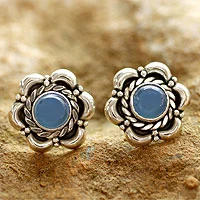 Blue chalcedony flower earrings, 'Bihar Bloom' - Sterling Silver and Chalcedony Earrings Floral Jewellery