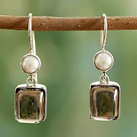 Cultured pearl and smoky quartz dangle earrings, 'Bangalore Glam'