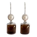 Cultured pearl and smoky quartz dangle earrings, 'Bangalore Glam' - Pearls and Smoky Quartz Earrings from India