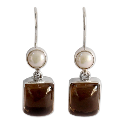 Pendientes colgantes de perlas cultivadas y cuarzo ahumado - Pendientes de Perlas y Cuarzo Ahumado de la India