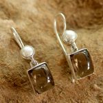 Cultured pearl and smoky quartz dangle earrings, 'Bangalore Glam' - Pearls and Smoky Quartz Earrings from India