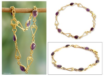 Gold vermeil amethyst heart bracelet, 'Arvalam Love' - Gold Vermeil Amethyst Heart Bracelet