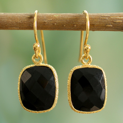 Gold vermeil onyx dangle earrings, 'Mughal Nights' - Handmade Gold Vermeil and Black Onyx Dangle Earrings India