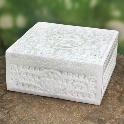 Marble box, 'Jungle Life' - Natural Marble Decorative Box Indian Jali 