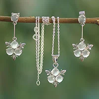 Moonstone floral jewelry set, 'Silver Clover' - Moonstone and Sterling Silver Necklace and Earrings