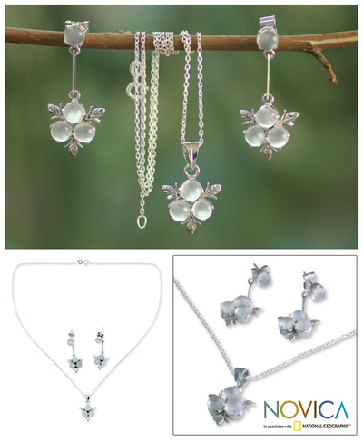 Conjunto de joyas florales de piedra lunar, 'Trébol de plata' - Conjunto de joyas florales de piedra lunar y plata de ley
