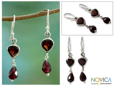 Garnet dangle earrings, 'Fiery Love' - Handcrafted Sterling Silver and Garnet Earrings