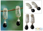 Onyx floral earrings, 'Mughal Melody' - Fair Trade Indian Floral Sterling Silver Drop Onyx Earrings