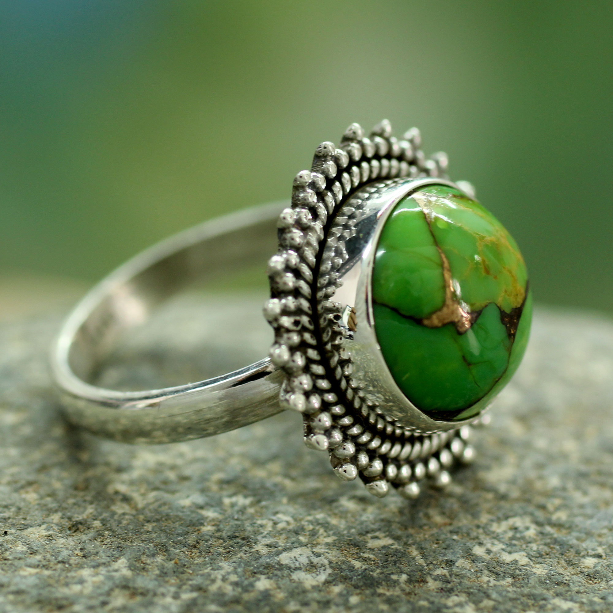 NOVICA Composite Green Turquoise .925 Sterling Silver Round Cocktail R 