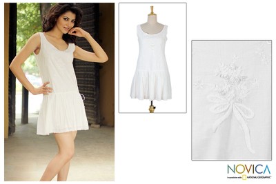 Cotton dress, 'Summer Bouquet' - Floral Cotton Embroidered Short Dress