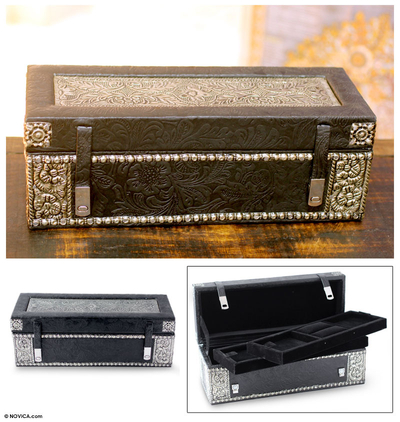 Nickel plated brass and leather jewelry box, 'Midnight Whisper' - Floral Leather and Brass Jewelry Box