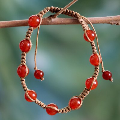 Carnelian Shambhala-style bracelet, 'Blissful Energy' - Cotton and Carnelian Artisan Crafted Shambhala Bracelet