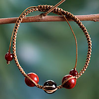 Jasper and smoky quartz Shambhala-style bracelet, 'Courageous Tranquility'