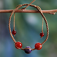 Carnelian and charoite Shambhala-style bracelet, 'Transformative Tranquility' - Handcrafted Cotton Beaded Carnelian Bracelet from India