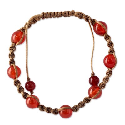Carnelian Shambhala-style bracelet, 'Peace' - Carnelian Beaded Cotton Shambhala-style Bracelet