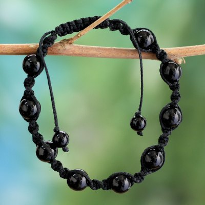 Onyx Shambhala-style bracelet, 'Blissful Protection' - Cotton Beaded Onyx Bracelet Protection Jewelry