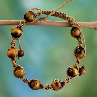 Tiger's eye Shambhala-style bracelet, 'Blissful Insight' - Artisan Crafted Cotton Shambhala-style Tigers Eye Bracelet