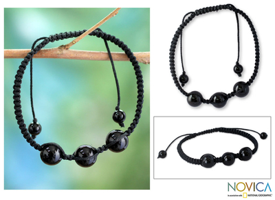 Onyx Shambhala-style bracelet, 'Tranquil Protection II' - Protection jewellery Cotton Beaded Onyx Bracelet