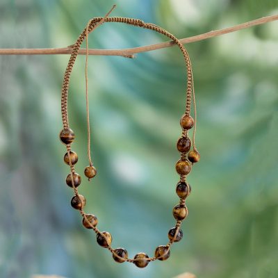 Tiger's eye Shambhala-style necklace, 'Oneness' - Artisan Crafted Cotton Shambhala-style Tigers Eye Necklace