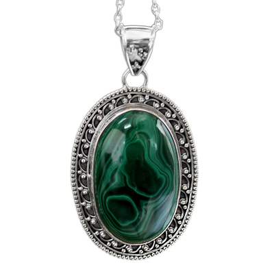 Malachite pendant necklace, 'Forest Whirlwind' - Sterling Silver Necklace Malachite Jewelry from India