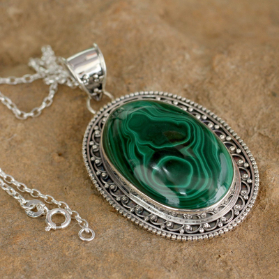Malachite pendant necklace, 'Forest Whirlwind' - Sterling Silver Necklace Malachite jewellery from India