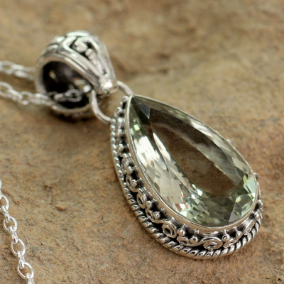 Prasiolite pendant necklace, 'Verdant Mist' - Hand Made Jewelry Prasiolite and Sterling Silver Necklace