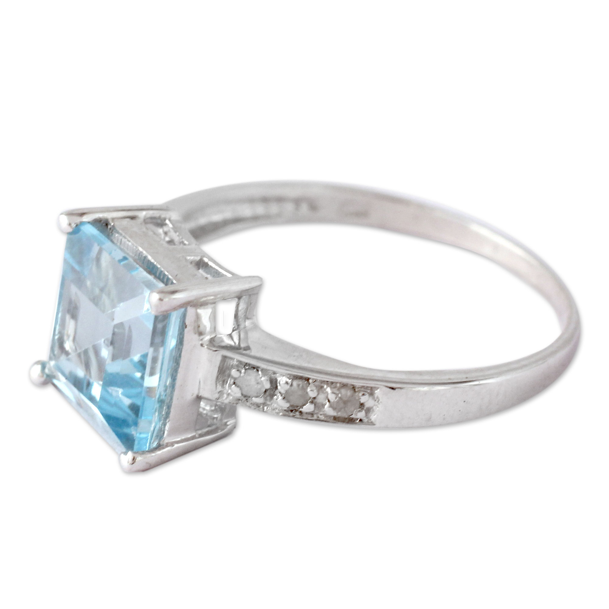 Square Cut Blue Topaz Ring Silver and Diamonds India - Sky Sparkle | NOVICA