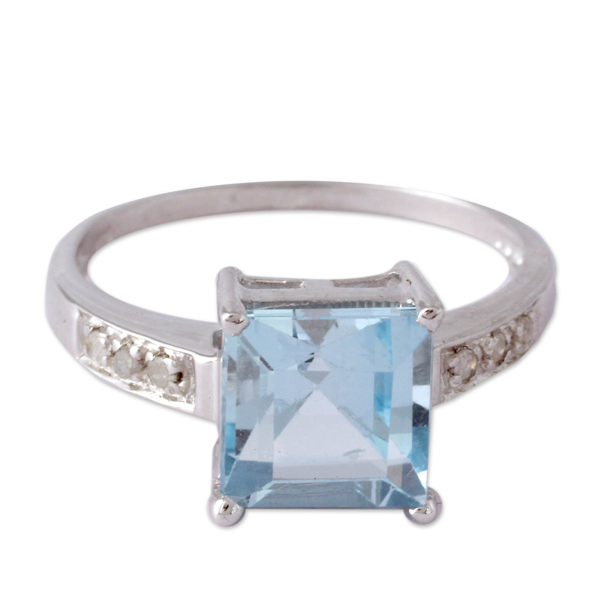 Square Cut Blue Topaz Ring Silver and Diamonds India - Sky Sparkle | NOVICA