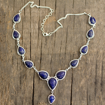Lapis lazuli Y-necklace, 'Aura of Beauty' - Lapis Lazuli and Sterling Silver Necklace from India